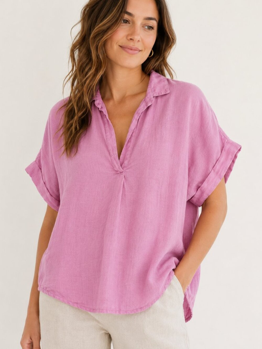 0039 Italy Pink Linen Popover Top Size S